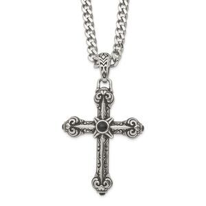 Stainless Steel Synthetic Black Agate XXL Antique Cross Necklace 24 In
